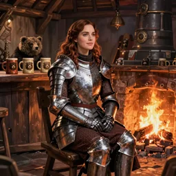 kate beckinsale weared in full plate armor, sit in fantasy tavern near fireplace, behind bar deck with bear mugs, medieval dnd, colorfull digital fantasy art, 4k