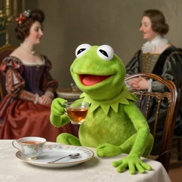 kermit the frog drinking tea with high society as a renaissance painting, snob, nobility, high definition, detailed, clean, natural tones, daily life