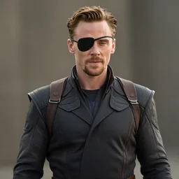 film still of Tom Hiddleston as Nick Fury with eye patch in Avengers
