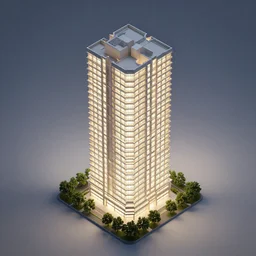 architectural model, isometric view, 3 d render, studio lighting, low contrast, brightly lit studio, highly detailed, a tall apartment buidling with zig - zag plan and large windows, tree