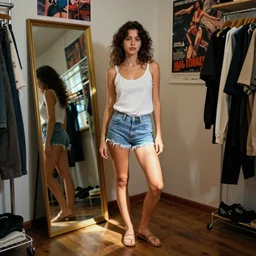 home photography portrait, fitting room of the shop, floor, mirror, poster ; summer, Color VHS picture quality with mixed noise