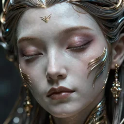 ultra realistic beautiful cyborg deity eyes closed, fantasy, intricate details, movie still, highly detailed, photorealistic, octane render, eerie, 8k, art by james clyne and michael welan