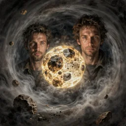 concept art of 1 2 orbiting glowing rock masses, surrounded by spirals of fog, grimy, gritty, trending on artstation, award winning painting, close portrait, cgi, art by bojan koturanovic and carel willink