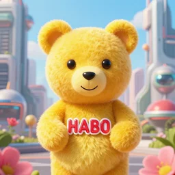 portrait of haribo bear in future city, color and shape focus, central composition, natural light, bloom, puff, by simon stalenhag and rene magritte