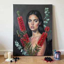 “ charred, bushfire, a portrait in a female art student ’ s apartment, australian wildflowers, sensual, queer woman, flax, flannel flower, bottlebrush, eucalyptus, art supplies, a candle dripping white wax, squashed berries, berry juice drips, acrylic and spray paint and oilstick on canvas, surrealism, neoexpressionism ”