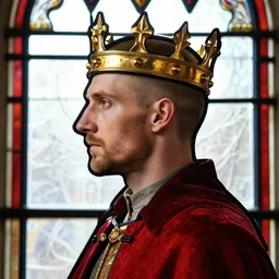 detailed side - view portrait of a crowned man, wearing a golden crown, buzzcut, stubble, red coat, medieval stained glass window, masterful, backlit