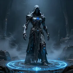 character and environment design, ( ( biomechanical ) ) arcanist standing summoning circle, tattered!!! robe and hood, blue light, fog, scary, arrogant, hostile, photorealistic, cinematic, hyper realistic, octane render, 8 k, wide angle