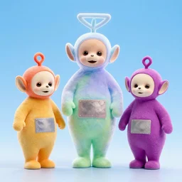 teletubbies playing with transparent ethereal jeff goldblum smiling in the sky