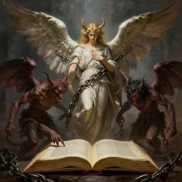 book of enoch, angels capture demons with huge chains and send them to hell, atmospheric lighting. highly detailed digital painting, sharp focus by dore and bouguereau, william - adolphe, trending on artstation