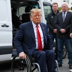 donald trump in a wheelchair next to van, group of people, photograph, high resolution, high quality, beautiful face, attractive, realistic face