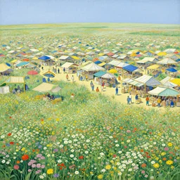 a beautiful painting of a gigantic bazaar in a field of flowers by moebius
