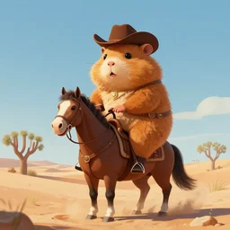 a giant hamster cowboy riding a horse in the desert, digital art