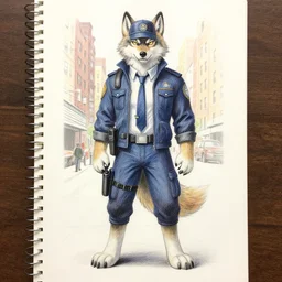 master furry artist colored pencil drawing full body portrait character study of the anthro male anthropomorphic wolf fursona animal person detective new york city street