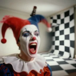 realistic photo of a blurred face of a jester, screaming in pain, a void with a checkerboard pattern slowly fills the room emitting aura, 1 9 6 0, life magazine photo, natural colors, metropolitan museum, kodak, 8 k, very detailed, high resolution, product photo,