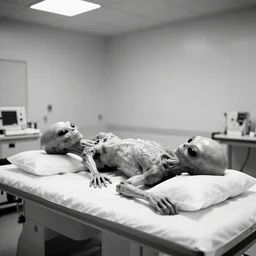photo of an alien autopsy, black and white, wide angle