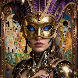 awardwinning photo of a beautiful female steampunk half cyborg with an opulent elaborate venician carneval mask, artwork by james jean, hyperdetailed realistic gold and purple metallic, the eyes glow blue, jean delville, art nouveau, gustav klimt, ornate copper patina gothic icon, james jean, ultrasharp hyperdetailed photorealistic octane render