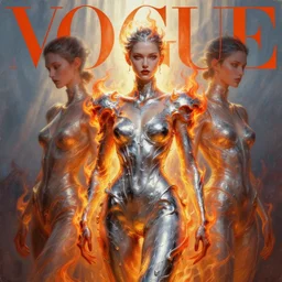 3 d, fashion model, flame, liquid silver, morning, sun rays, vogue cover style, poster art, hyper detail, intricate oil painting, multiple exposure, hell mood, photorealistic, 3 d, by tooth wu and wlop and beeple and greg rutkowski