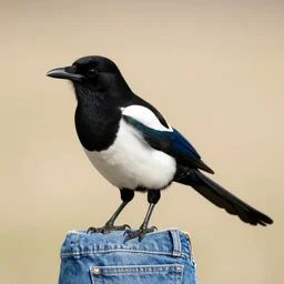 a eurasian magpie, wildlife photography, its legs are denim, levis, tiny pockets, award winning photograph