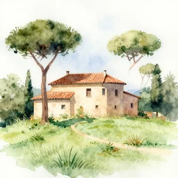 watercolor roman house on a hill