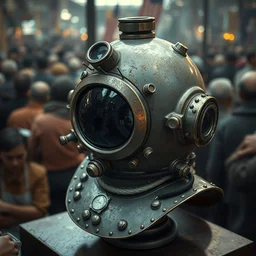 an old diving helmet artifice object study display on a crowded table close up macro epic intricate digital painting trending on artstation by wlop octane render