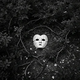 the black vines meander down from the huge roses and spread all over the ground. there are small roses on the vines. inside the heart of the roses is a mask with cracks, shocking and looking up