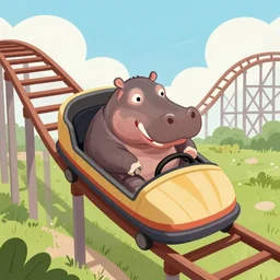 a hippo riding in a roller coaster, illustration, digital art