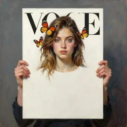 vogue, woman holding blank poster, butterflies, greg rutkowski, john singer sargent, trending on artstation, oil painting, intricate