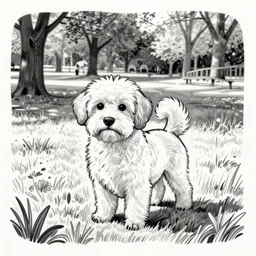 a cute dog in a park, jean dubuffet, screen printing, line drawing