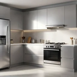 a modern kitchen with stainless steel appliances, realistic, hd, 8 k, digital rendering, unreal engine, blender, octane, maya