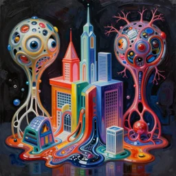 an extremely high quality hd surrealism painting of a 3 d perspective neon complimentary - colors cartoon surrealism melting sculpture gallery cast glass biological anatomical zaha hadid city by a much more skilled version of kandinskypicasso and salvia dali the fourth, salvador dali's much much much much more talented painter cousin, 8 k, ultra realistic, very realistic, nerves, veins, neurons, 4 k