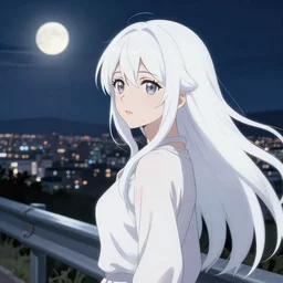 anime visual, portrait of an elegant woman sightseeing above the city at night, white long hair, guardrail, moon, beautiful face by yoh yoshinari, katsura masakazu, dynamic pose, dynamic perspective, strong silhouette, ilya kuvshinov, anime cels, 1 8 mm lens, rounded eyes, realistic proportions, dramatic