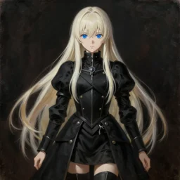 baroque oil painting full body portrait character concept art anime key visual, young female crusader maid, long straight platinum blonde hair blue eyes, fine detail symmetrical face studio lighting delicate features directed gaze, fantasy black military uniform, gapmoe kuudere grimdark, trending on pixiv fanbox, painted by greg rutkowski makoto shinkai takashi takeuchi studio ghibli