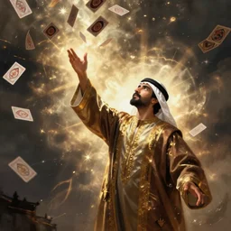 man in robes throwing mamluk cards into the air, fantasy art by greg rutkowski