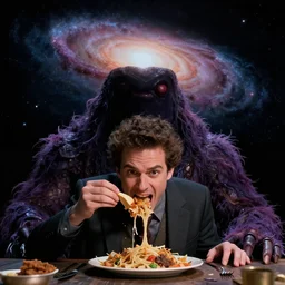 a cinematic still of ((andy samberg)) ferociously eating a galaxy, galactus!!!!, masterpiece, (monster), (empty black void)