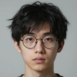 portrait of a young man, black hair, chaotic hair, rounded glasses, detailed, hyperrealistic, realistic, symmetrical, close up, by artgerm, by wlop, by alena aenami, by anato finnstark, by john harris, by ross tran
