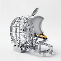 ( toy rollercoaster ) designed by apple, studio photo, white backdrop, studio light, solid works, octane render, macro shot, in focus, dept of field, silver, blue, black design