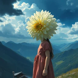 closeup girl with giant dahlia flower head, standing on mountain, surreal photography, blue storm clouds, dramatic light, impressionist painting, digital painting, artstation, simon stalenhag