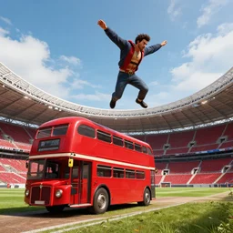 evel knievel jumping busses at wembly stadium 3 d studiomax, maya 3 d, unrealengine, 4 k, 8 k, hdr, extreme render, mind - bending reality, hyper detailed, wide angle ultra - vivid, photo - realistic nikon 3 5 mm, photograph