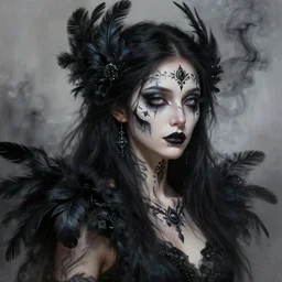 hyper realistic portrait painting, beautifully rendered, gorgeous young goddess of death with ceremonial markings and black feathers painted by greg rutkowski, wlop, artgerm, dishonored 2, dark and moody, black smoke