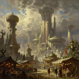 a painting of a science fiction city filled with exotic market, tall towers inspired by tolkien, painted by bierstadt