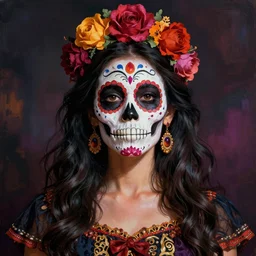 illustration of a sugar skull day of the dead girl, art by diego rivera