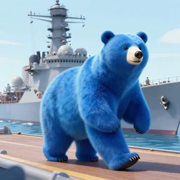 blue bear walking on a battleship, digital art