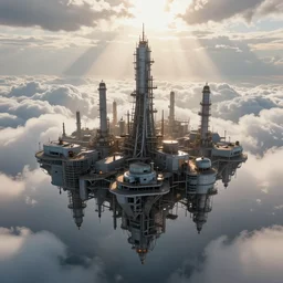 floating industrial city in the clouds with the sunlight shining through the background by Jeremy Fenske, exquisite and smooth details, light rays, volumetric lighting, post processed