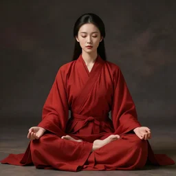 woman sitting on the ground meditating in lotus pose in red robe