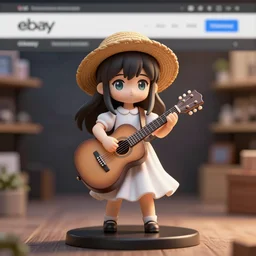 Fine Image on the store website, eBay, Full body, 80mm resin figure of a cute girl in straw hat and white dress playing guitar, environmental light from the front