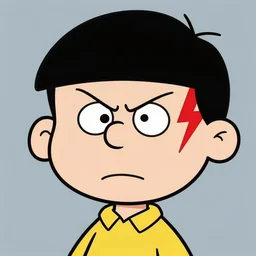 cartoon portrait of an angry kid with red lightning tattoo on left eye, art by charles schulz