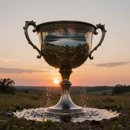 a surreal landscape at sunset with a immense gigantic ornated iron chalice cup with a lake inside, water in excess dropping by gediminas pranckevicius