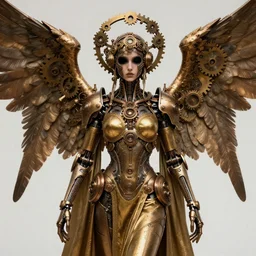 Steampunk Angel, mechanical wings, gear halo, empty eyes, metallic bronze skin, golden tech robes, female looking, steampunk fantasy, artstation