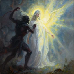 there stands a benevolent celestial being in the midst of a scene. evil and badness attack the celestial being from one side, but from his other side emerges light and life. the celestial being is a conduit | painting by craig mullins
