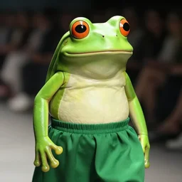 fashion show with an old smiling green tree frog dressed in a green skirt, photo realistic, matte image